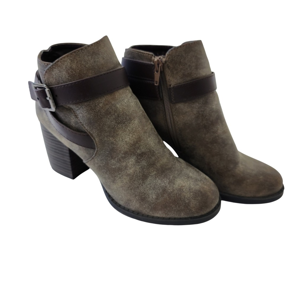 Soda Womens Olive Brown Distressed Faux Suede Buckle Strap Block Heel Ankle Boot